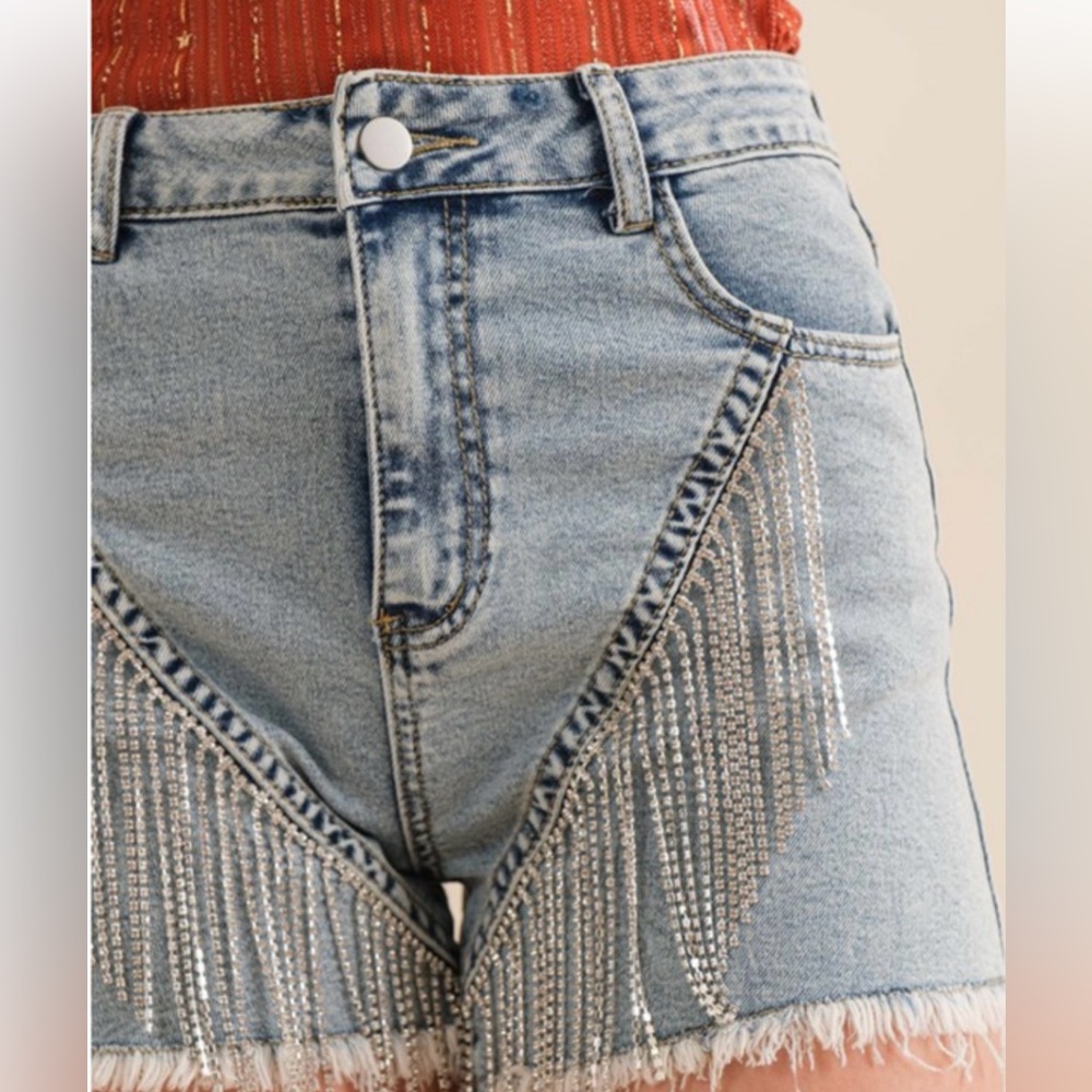 Blue B Women's Rhinestone Fringe High Waisted Shorts  - Size S